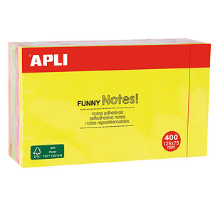 Apli Funny Bloc de 400 Notas Adhesivas Reposicionables 125x75mm - 4 Colores Surtidos (100 Hojas por Color) - Colores Fluor