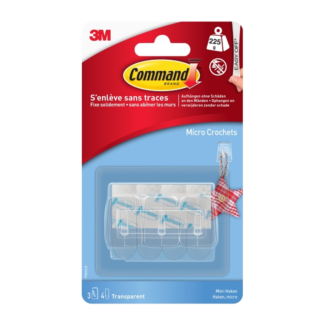 Command Mini Pack de 3 Ganchos - 4 Tiras Adhesivas - Soportan hasta 225G - Color Transparente 1