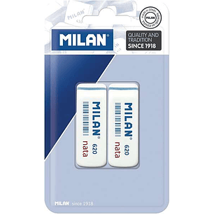 Milan Nata 620 Pack de 2 Gomas de Borrar Biseladas - Plastico - Suave - No Abrasiva - Color Blanco