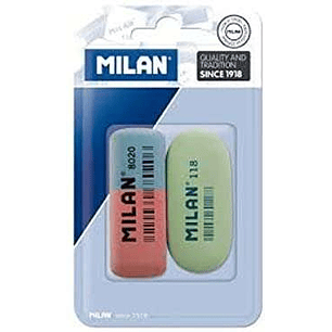 Milan Pack de 2 Gomas de Borrar, 1xGoma 8020 Biselada Doble Intensidad + 1xGoma 118 Ovalada - Caucho Sintetico - Para toda Clase de Papeles - Colores 