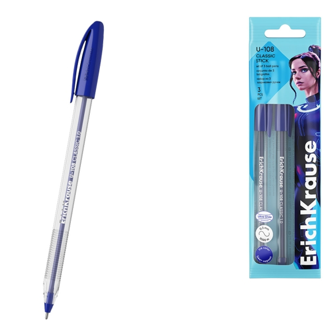 Erichkrause U-108 Pack de 3 Boligrafos Clasicos - Punta de Bola 1.0mm - Trazo de 0.3mm - Tapa Ventilada - Ultra Glide Technology - Color Azul 1