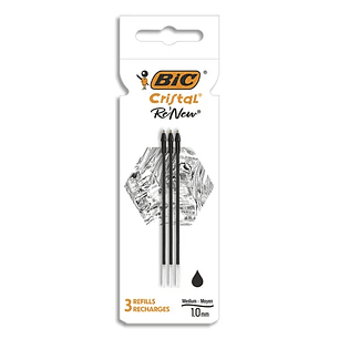 Bic Pack de 3 Recambios para Boligrafo Cristal Re´new - Punta Media de 1.0mm - Tinta con Base de Aceite - Color Negro