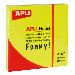 Apli Notas Adhesivas Funny 75x75mm - Bloc de 100 Hojas - Adhesivo de Calidad - Facil de Despegar - Color Amarillo Fluorescente