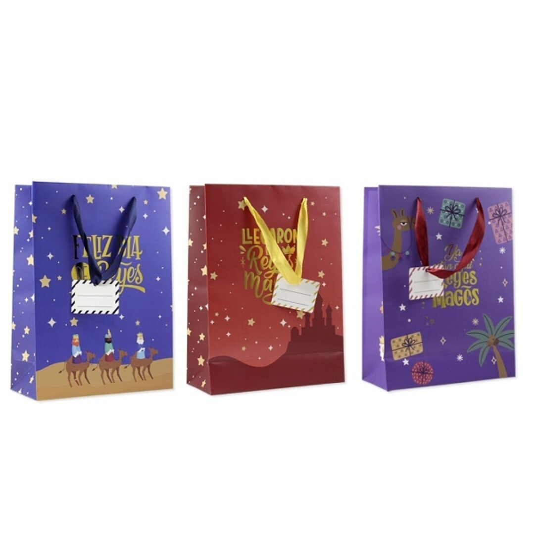 Bismark Bolsa de Papel Reyes Magos Foil - Medidas 24x32x10cm - Tarjeta Colgante - 3 Diseños Diferentes Aleatorios 1