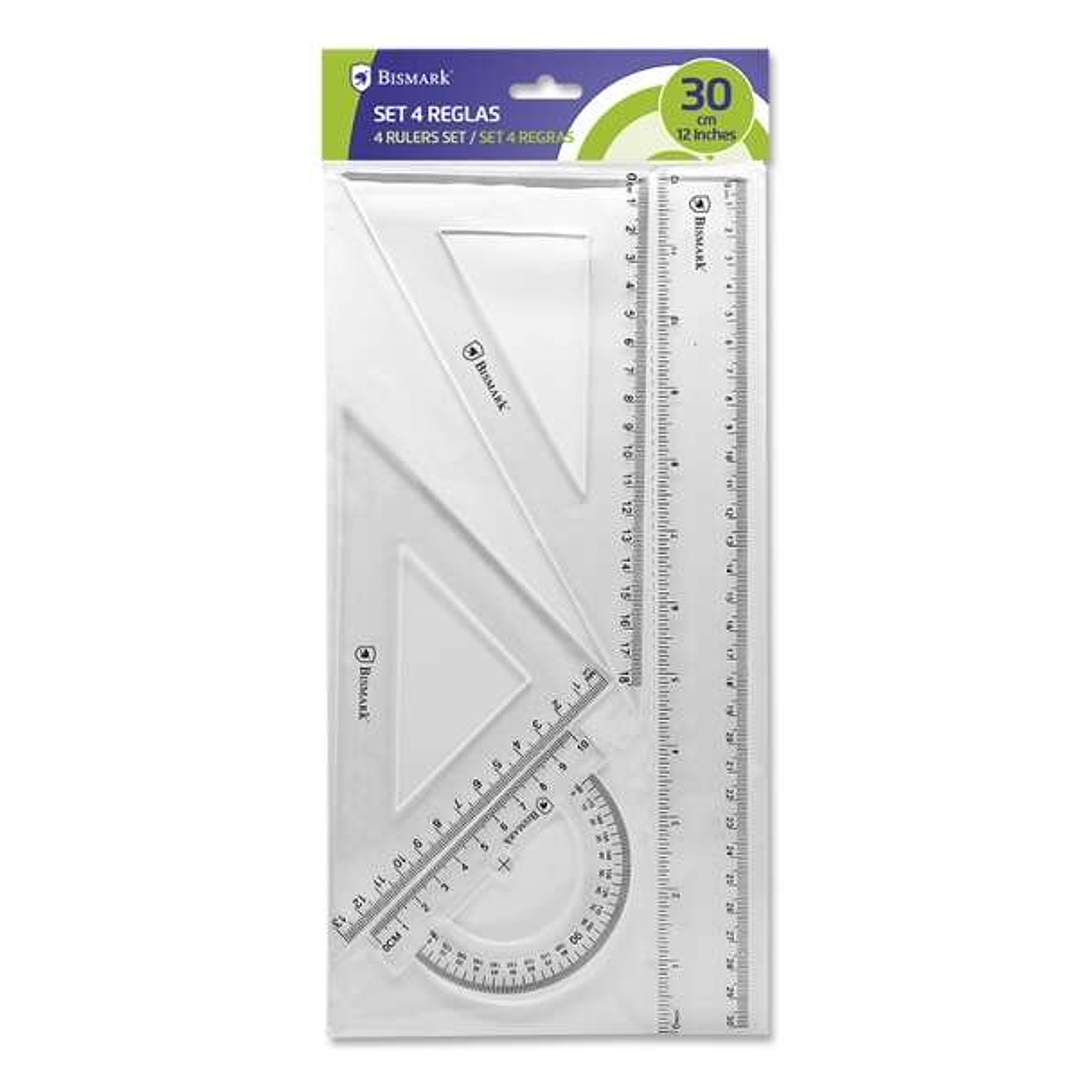 Bismark Pack de Reglas para el Colegio - Incluye Regla de 30cm - Escuadra de 12,5cm - Cartabon de 17.5cm - Transportador de 10cm - Presentacion en Bol 1
