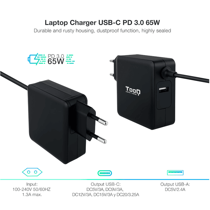Tooq Cargador portátil conector USB-C 65W 4