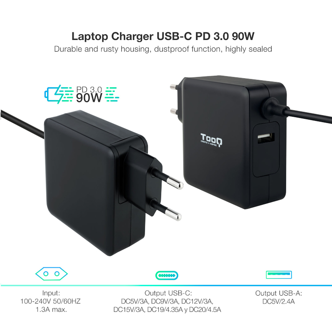 Tooq Cargador portátil conector USB-C 90W 2