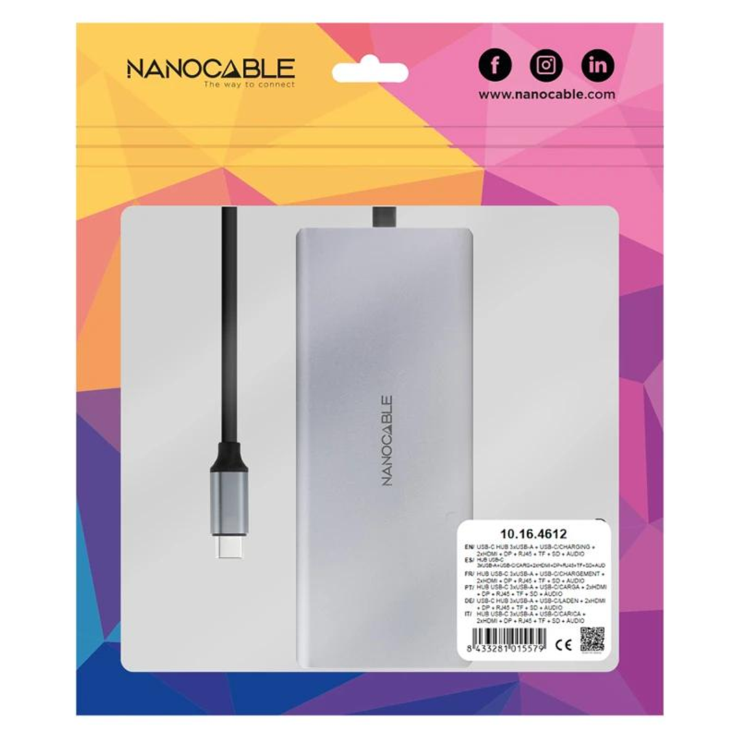 Nanocable Hub 12en1 USB-A/C+HDMI+DP+RJ45+TF+SD+AU 4