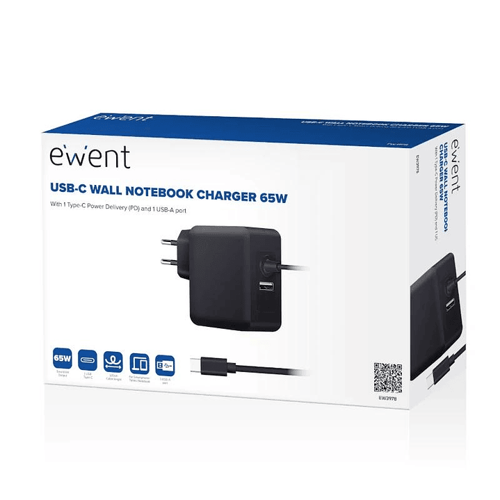 EWENT Cargador USB-CPD 65W + Puerto USB-A 4