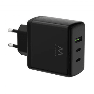 Ewent EW1330 Cargador GaN Universal de Pared 65W Ultrarapido - 2x USB-C PD 3.0 y 1x USB-A QC 3.0 - Color Negro