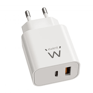 Ewent EW1318 Cargador GAN 20W - USB-C PD y USB-A QC - Carga Rapida - Alta Eficiencia - Diseño Compacto - Color Blanco