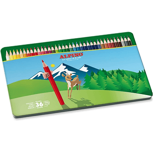 Alpino Caja Metalica con 36 Lapices de Colores Hexagonales - Mina de 3mm - Resistente a la Rotura - Bandeja Extraible - Colores Surtidos