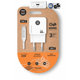 TechOneTech Cargador de Pared Ultrarrápido GaN 20w Blanco + cable USB-C