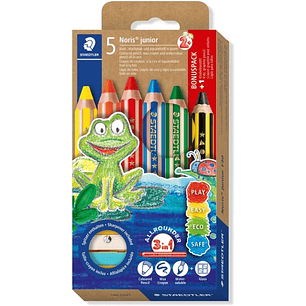 Staedtler Noris Junior Pack de 5 Lapices de Colores Extragruesos + Sacapuntas - 3 en 1, Lapiz, Cera y Acuarelable - Colores Surtidos