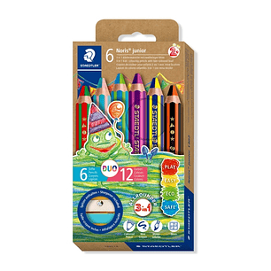 Staedtler Noris Junior Pack de 6 Lapices de Colores Extragruesos Duo + Sacapuntas - 3 en 1, Lapiz, Cera y Acuarelable - 2 Colores en cada Lapiz - Colo