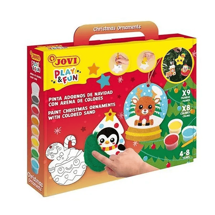 Jovi Play & Fun Kit Pinta con Arena Christmas Ornaments con 8 Botes de Arena + 1 Punzon + 3 Laminas con Diseños Navideños - Colores Surtidos 1
