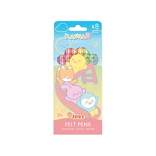 Jovi Kawaii Felt Pens Pack con 8 Rotuladores Punta Media de 3mm - Capuchon de Seguridad Ventilado - Grip Triangular Ergonomico - Colores Surtidos
