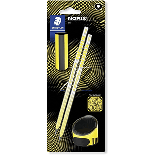 Staedtler Norix Pack de 2 Lapices de Grafito HB + Borrador + Sacapuntas - Madera Negra - Diseño Inteligente