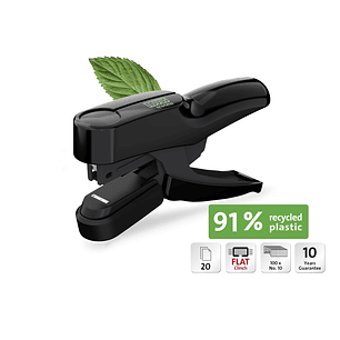 Novus B 36FC re+new Grapadora de Tenaza - Hasta 20 Hojas - Fabricada con un 91% de Plastico Reciclado - Grapado Cerrado Plano - Color Negro