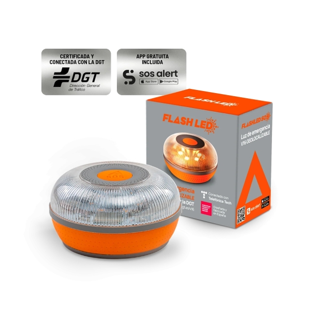 FlashLED SOS Baliza de señalizacion de emergencia en carretera V16, homologada por la DGT, con GPS y SIM integrada, conectividad DGT 3.0, visibilidad  1