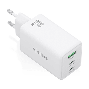 Aisens Cargador GAN 65W - 2xUSB-C PD3.0 QC4.0 y 1xUSB-A QC3.0 - Color Blanco