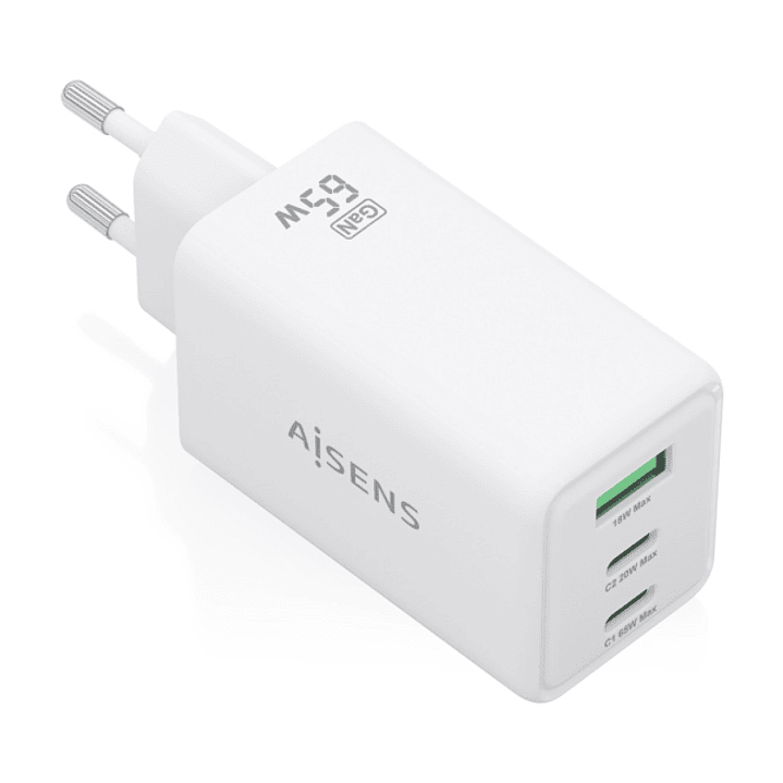 Aisens Cargador GAN 65W - 2xUSB-C PD3.0 QC4.0 y 1xUSB-A QC3.0 - Color Blanco 1