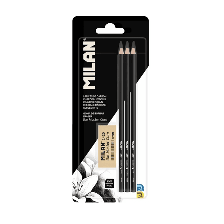 Milan Art Pack de 3 Lapices de Carboncillo + Goma The Master Gum - Color Negro 1