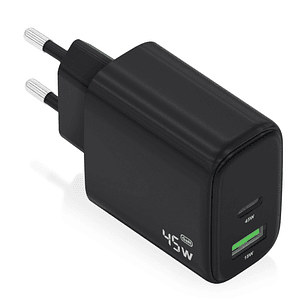 Aisens Cargador GAN 45W - 1xUSB-C PD3.0 QC4.0 y 1xUSB-A QC3.0 - Color Negro