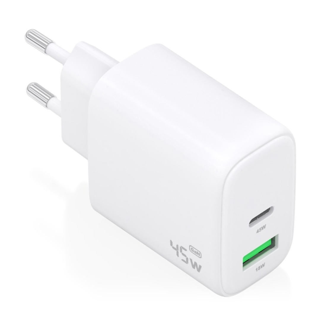 Aisens Cargador GAN 45W - 1xUSB-C PD3.0 QC4.0 y 1xUSB-A QC3.0 - Color Blanco 1