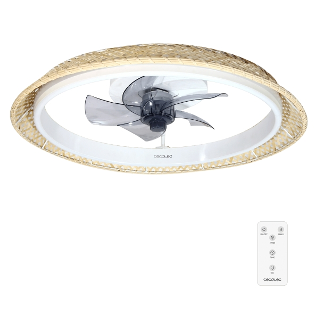 Cecotec EnergySilence LampAero 620 Natural Design Ventilador de Techo con 5 Aspas y Luz - 20W - Tulipa de Mimbre - 3 Tonos LED - Temporizador - 6 Velo 1