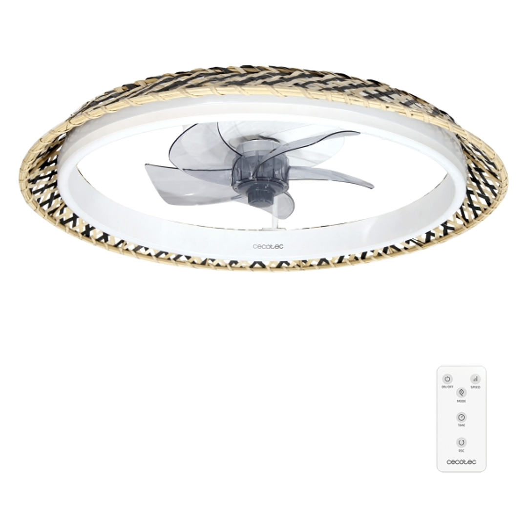 Cecotec EnergySilence LampAero 610 Natural Design Ventilador de Techo con 5 Aspas y Luz - 20W - Tulipa de Mimbre - 3 Tonos LED - Temporizador - 6 Velo 1