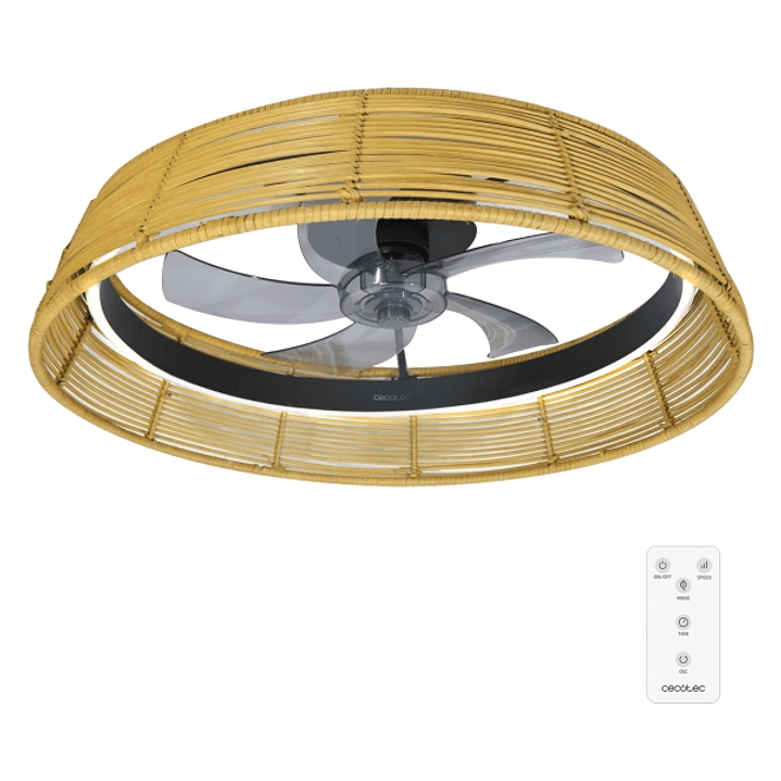 Cecotec EnergySilence LampAero 600 Natural Design Ventilador de Techo con 5 Aspas y Luz - 20W - Tulipa de Mimbre - 3 Tonos LED - Temporizador - 6 Velo 1