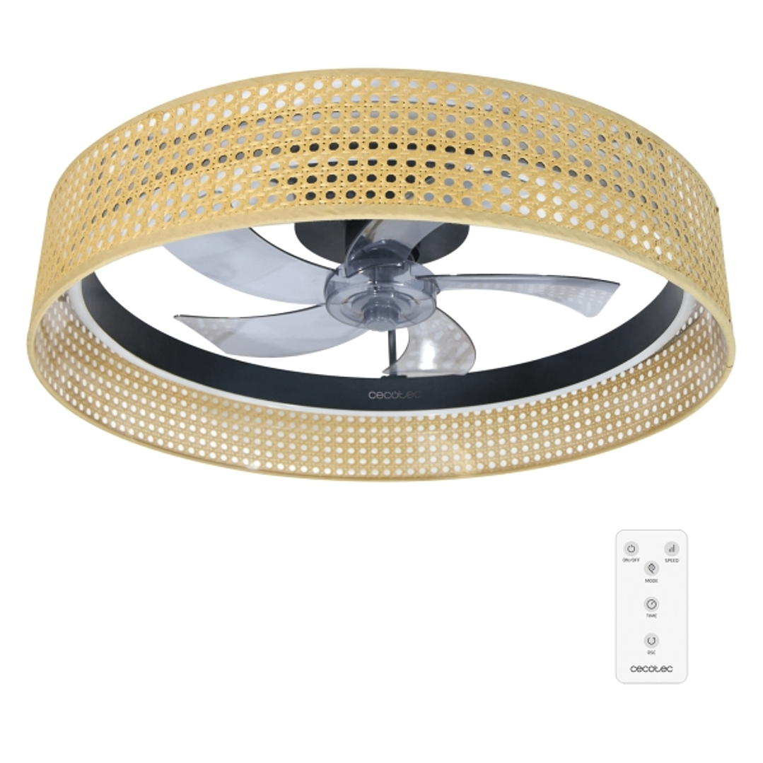 Cecotec EnergySilence LampAero 600 Beige Design Ventilador de Techo con 5 Aspas y Luz - 20W - Tulipa de Mimbre - 3 Tonos LED - Temporizador - 6 Veloci 1