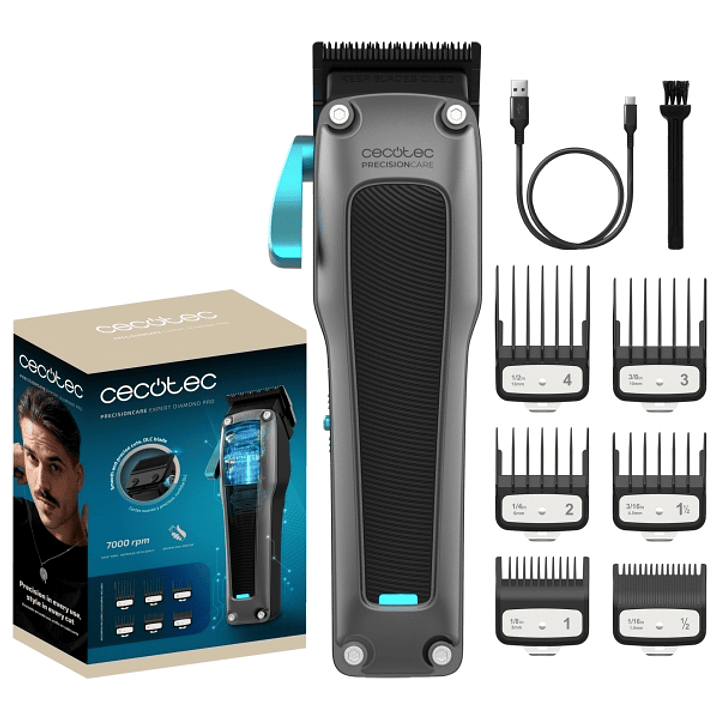 Cecotec PrecisionCare Expert Diamond Pro Cortapelos Inalambrico - Cuchilla Dlc de Diamante - Velocidad 7000rpm - Peines Ajustables Metalicos - Bateria 1
