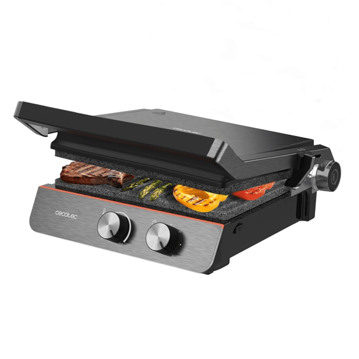 Cecotec Rock'nGrill Blaze Neon Parrilla Electrica - 2200W - Antiadherente - Apertura 180º - Luz Indicadora de Temperatura - Placas Desmontables - Temp 1