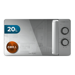 Cecotec Proclean 3160 Flatbed Mirror Microondas sin Plato - Potencia de 700W - Capacidad 20L - Grill 800W - Revestimiento Ceramico - Puerta de Espejo 