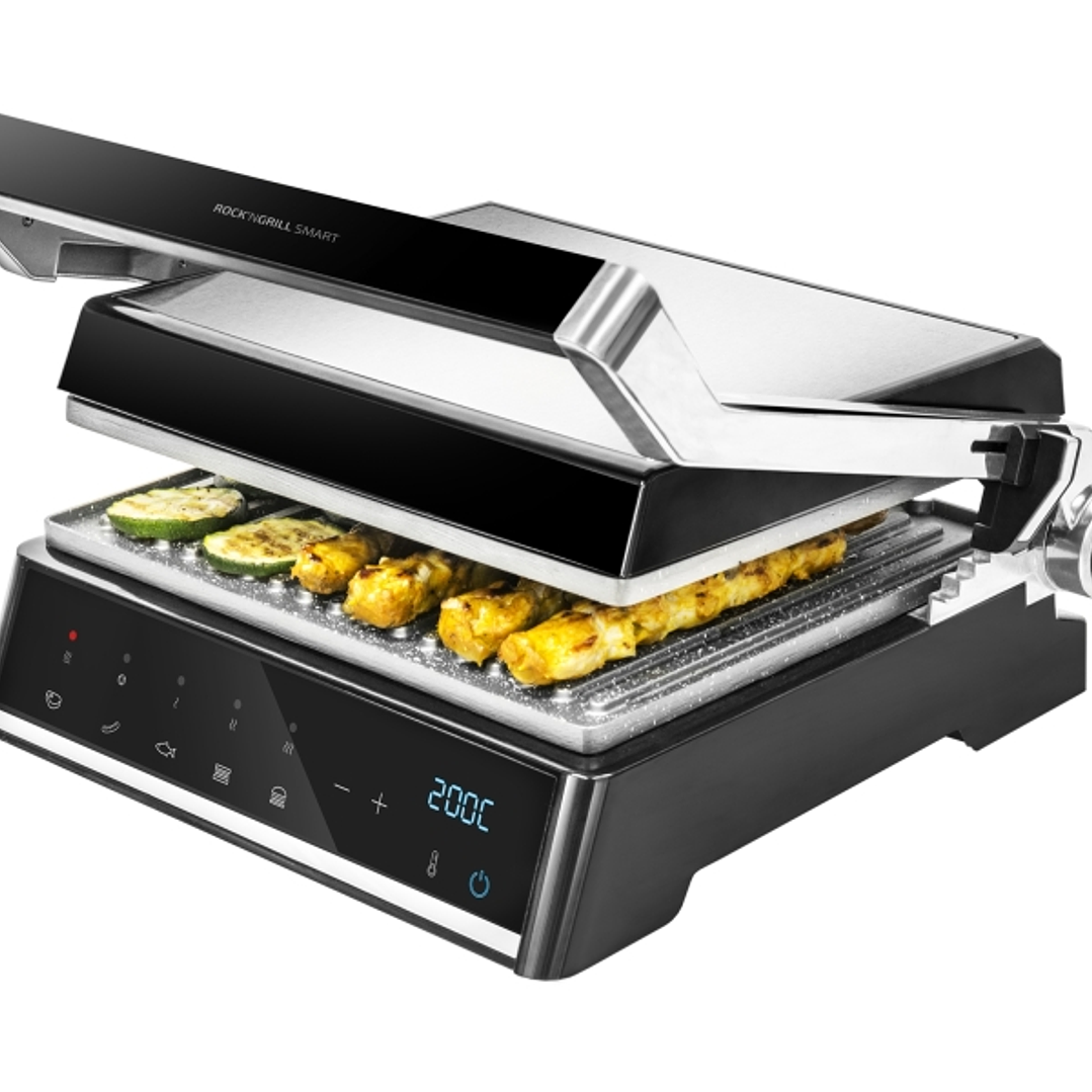 Cecotec Rock’nGrill Smart Parrilla Electrica - 2000W - Sistema Autocook - Revestimiento Antiadherente - Apertura 180º - Placas Desmontables - Rango de 1