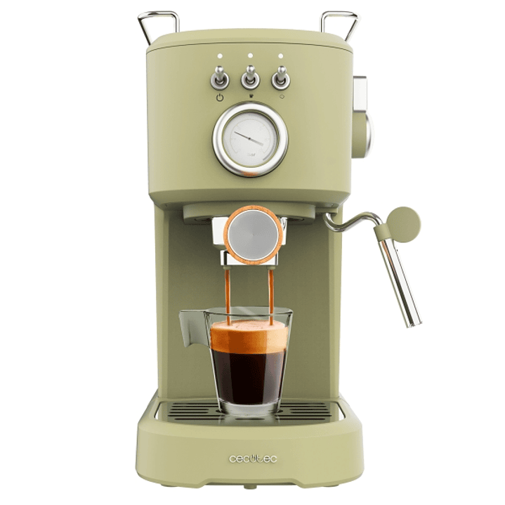 Cecotec Power Espresso 20 Retro Green Cafetera Expresso - 1100W - 20Bar - Vaporizador Orientable - Doble Salida de Cafe - Deposito 1.25L Extraible - C 1