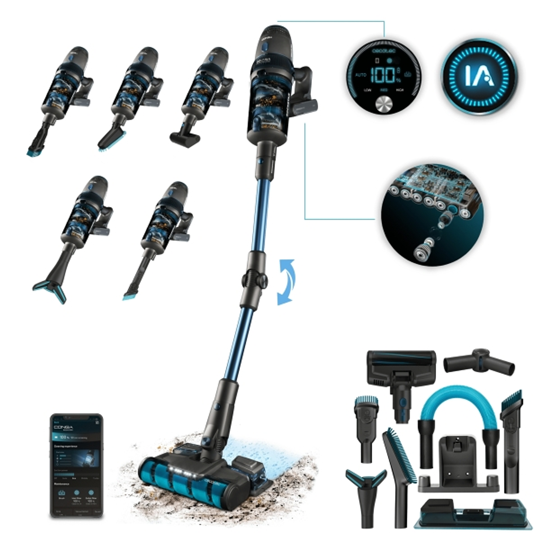 Cecotec Conga Rockstar 11500 Odyssey ErgoWet Connected IA Aspirador Escoba Vertical sin Cable - 850W - 30kPa - Bateria de 29.4V - Autonomia 100min - F 1