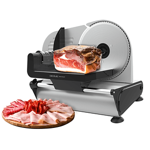 Cecotec Rock’nCut Cortafiambres de 150W - Disco Extraible de 190mm - Ajuste de Grosor hasta 15mm - Acero Inoxidable - Base con Ventosas - Proteccion p