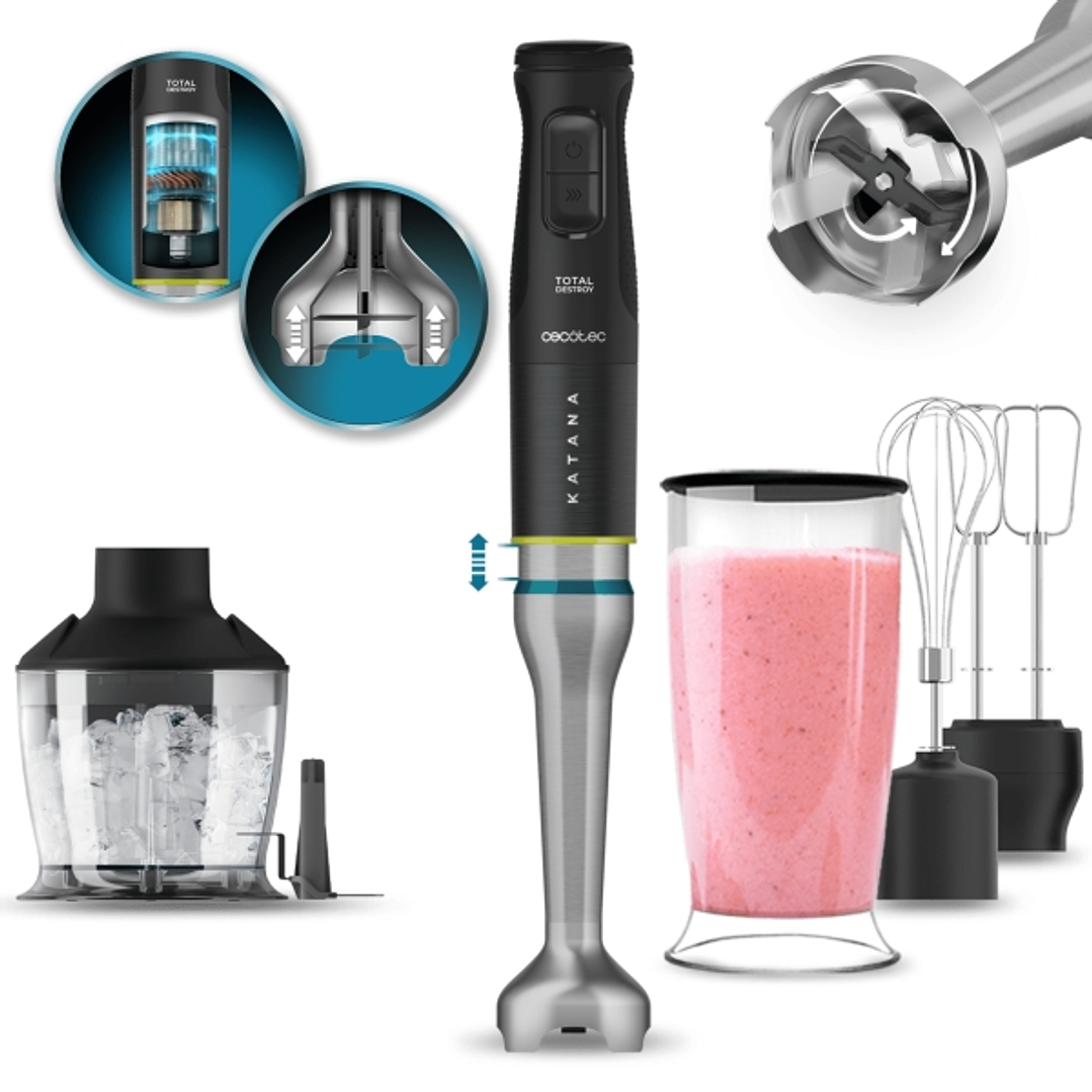 Cecotec Katana 15 TotalDestroy Smash Batidora de Mano - 1500W - Cuchillas de Titanio - Funcion Oscilante - 21 Velocidades - Campana Antisalpicaduras - 1