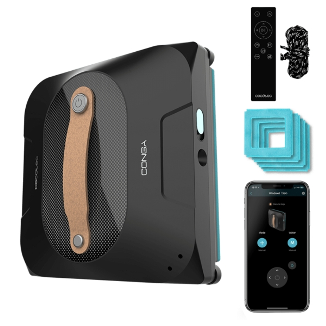 Cecotec Conga Windroid 1390 DoubleSpray Connected Robot Limpiacristales 3 en 1 - Incluye 4 Mopas - 8 Modos - Control App y Mando - Doble Spray - Ideal 1