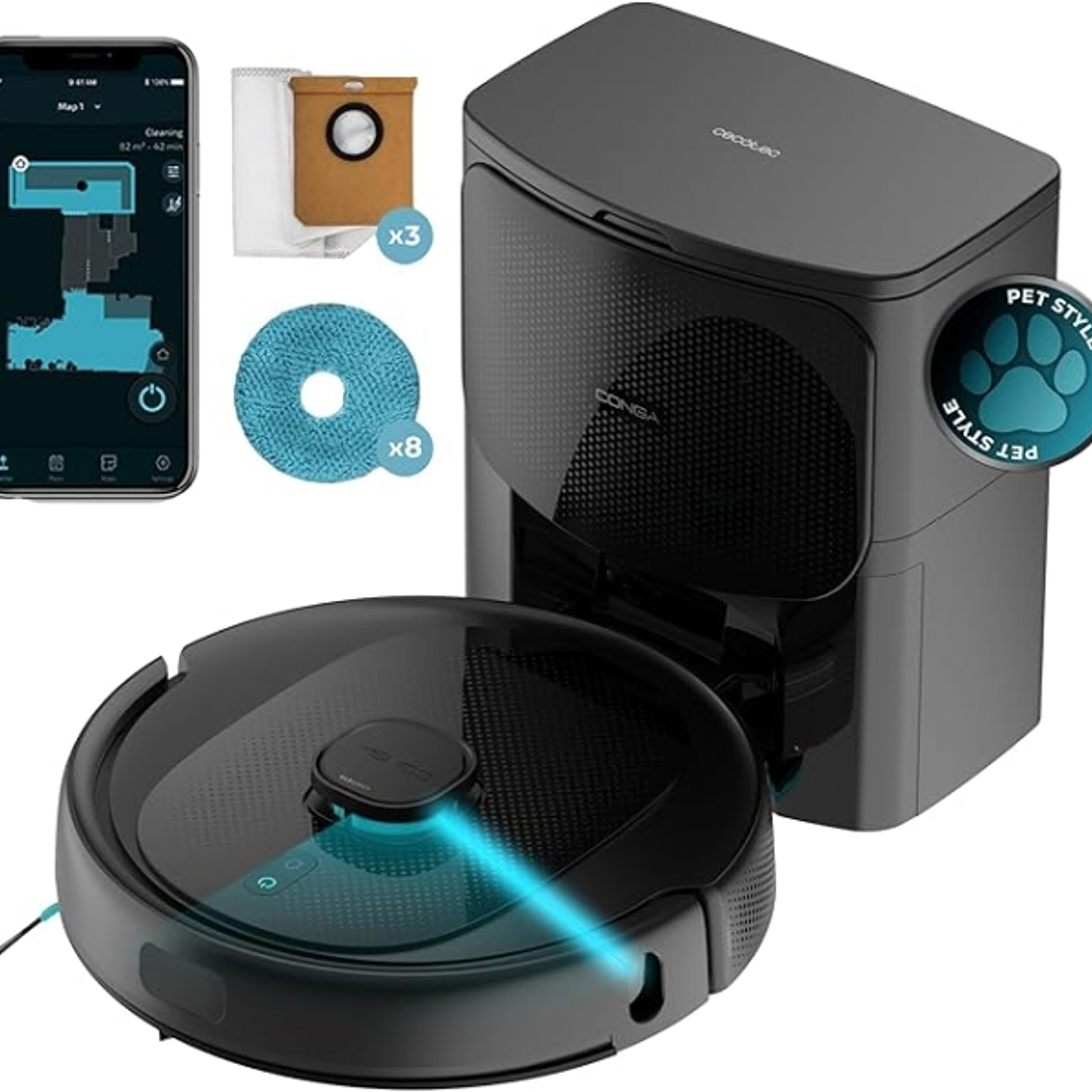 Cecotec Conga 9590 Spin Revolution Ultra Power Home Robot Aspirador con Base de Autovaciado - 10kPa - Navegacion Laser - Autonomia 240min - Filtro HEP 1