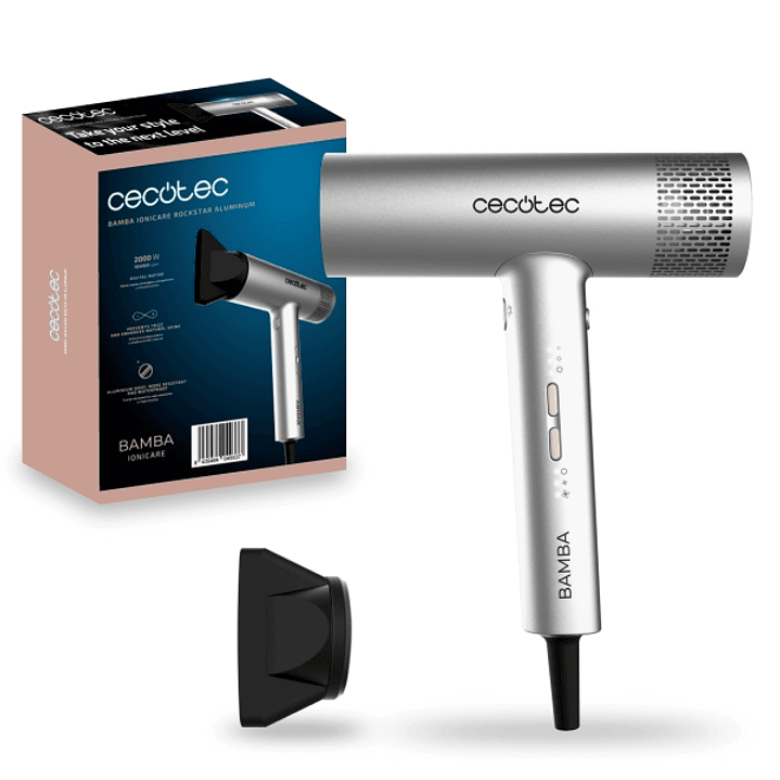 Cecotec Bamba IoniCare RockStar Aluminum Secador de Pelo - 2000W - Iones Negativos - Resistente e Impermeable - Boquilla de Precision - Control de Vel 1