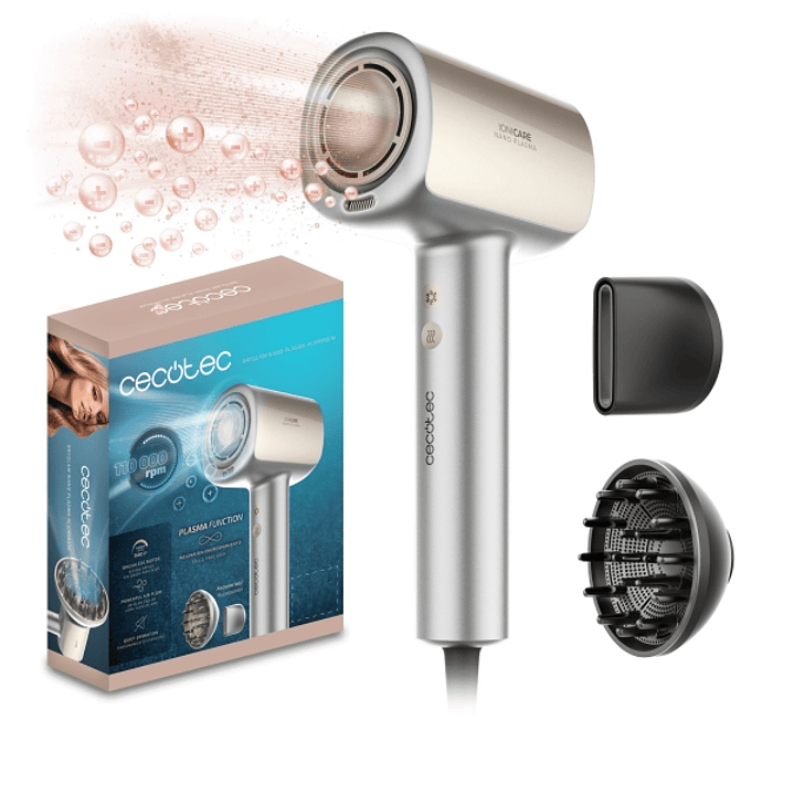 Cecotec DryGlam Nano Plasma Aluminum Secador de Pelo - 1600W - Funcion Aire Frio - Control de Temperatura - 3 Velocidades - Incluye Concentrador y Dif 1