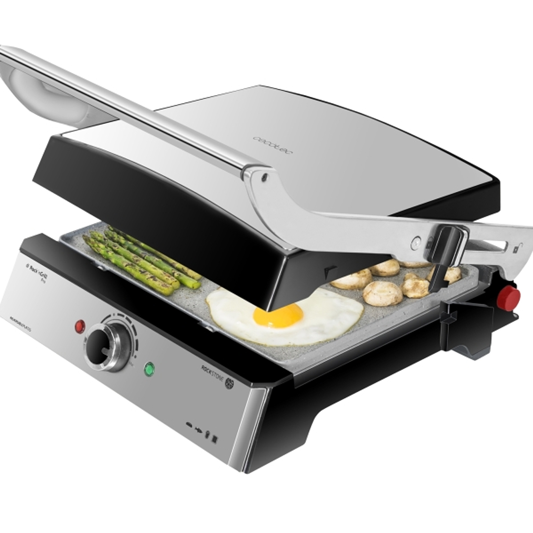 Cecotec Rock'nGrill Pro Parrilla Electrica - 2000W - Antiadherente - Placas Extraibles y Reversibles - Apertura 180º - Libre de PTFE y PFOA - Pinza -  1