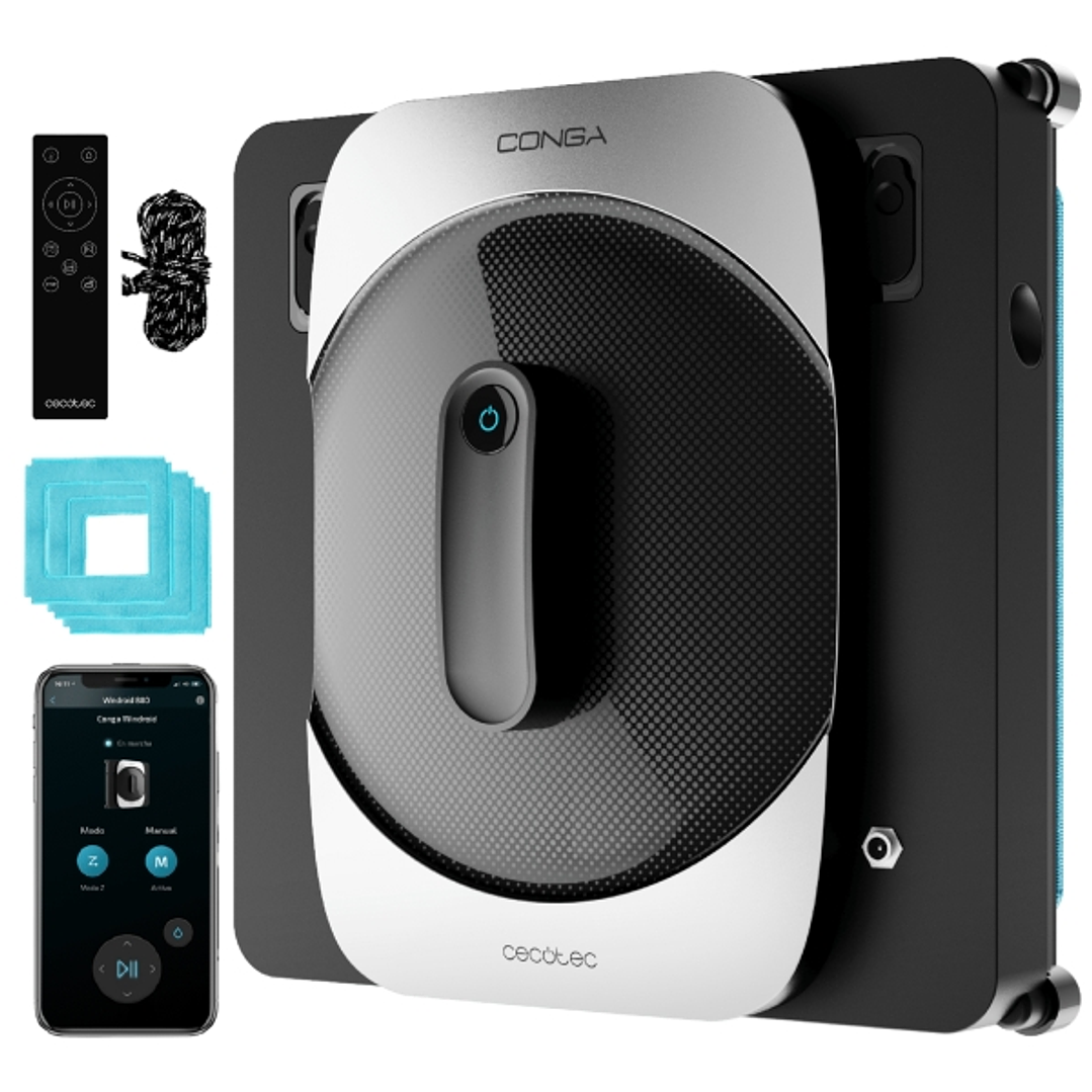 Cecotec Conga Windroid 1290 DoubleSpray Connected T Robot Limpiacristales - Incluye 3 Mopas - Navegacion Inteligente - Cuadrado - 5 Modos - Potente Su 1