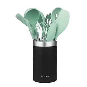 Cecotec Polka Experience Shark Pack de 9 Utensilios de Cocina - Mango de Acero y Caucho Termoplastico - Silicona Antiadherente - Resistente hasta 220°