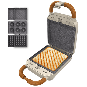Cecotec Rock'nToast Retro One Beige Sandwichera 3 en 1 - 700W - Placas Intercambiables - Estilo Retro - Antiadherente - Asa y Cierre de Seguridad - In