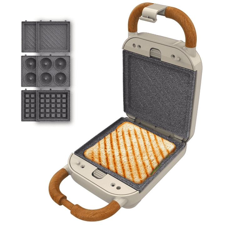 Cecotec Rock'nToast Retro One Beige Sandwichera 3 en 1 - 700W - Placas Intercambiables - Estilo Retro - Antiadherente - Asa y Cierre de Seguridad - In 1